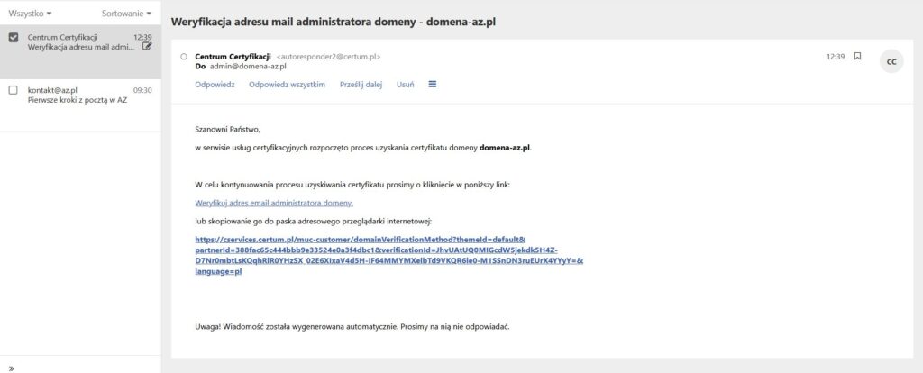 Potwierdzenie i weryfikacja zamówienia certyfikatu SSL w AZ.pl?