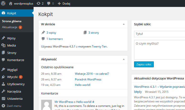 WordPress – pierwsze uruchomienie i nawigacja