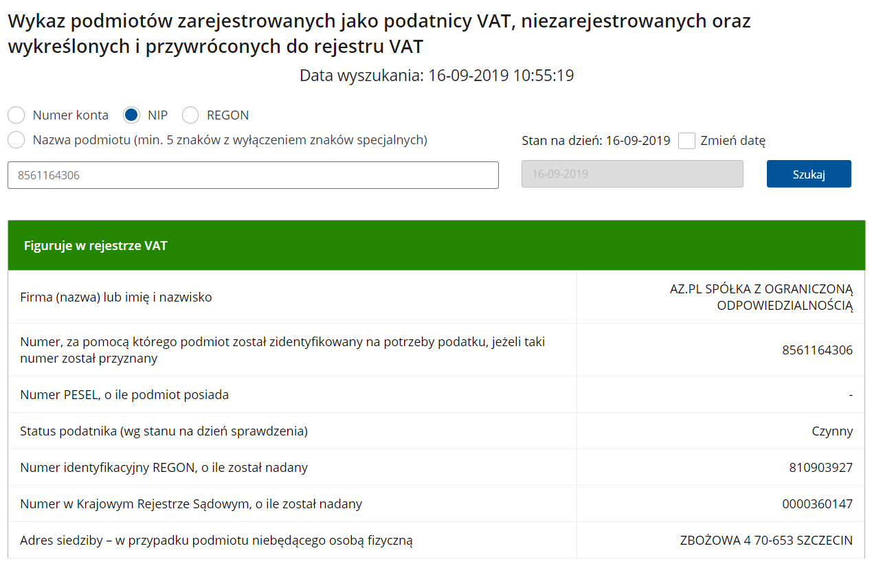 AZ.pl znajduje się na białej liście podatników VAT prowadzonej przez Ministerstwo Finansów.