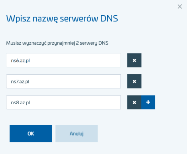 Panel Klienta - Domeny - Domena - Hosting DNS - Ustaw zewnętrzne serwery DNS - Wpisz nazwę serwerów DNS