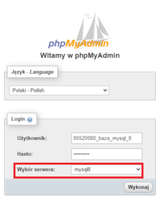 Logowanie do bazy danych MySQL 8.0 w phpMyAdmin