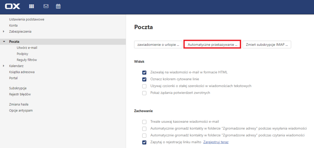 Poczta - Ustawienia - Poczta - Automatyczne przekazywanie