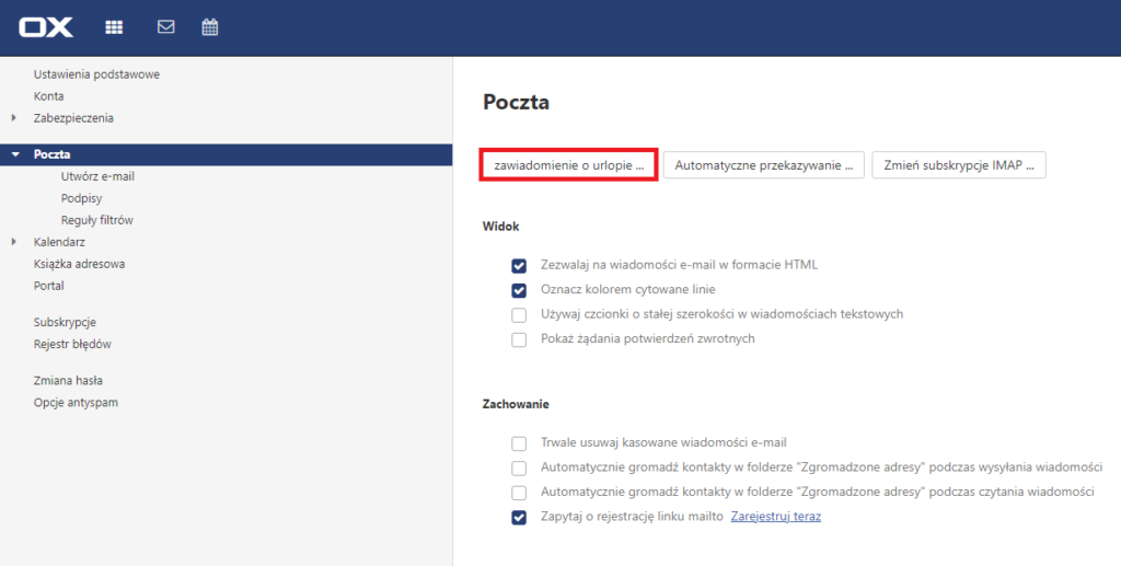 Poczta - Ustawienia - Poczta - Widok - Zawiadomienie o urlopie